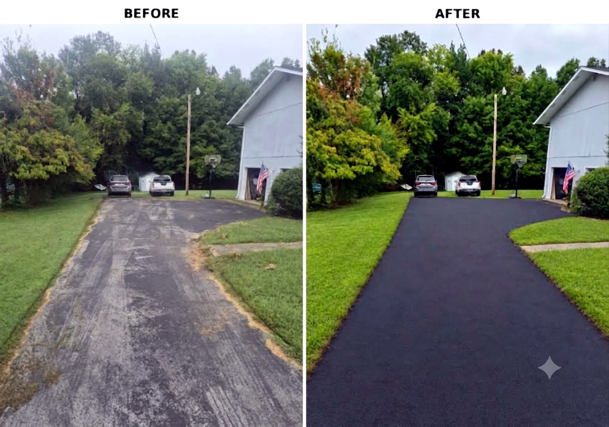 Residential asphalt driveway before and after sealcoating